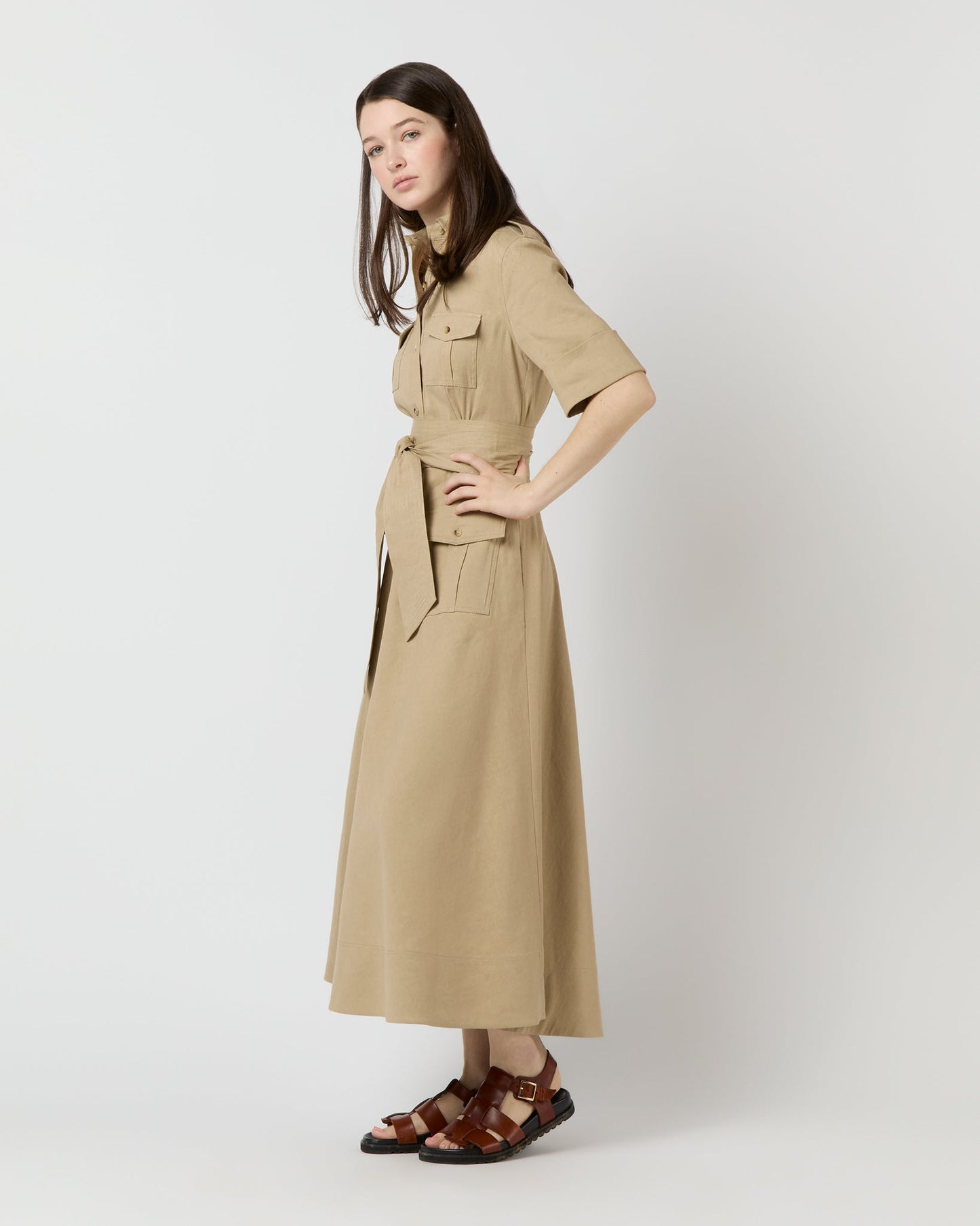 Safari Shirtwaist Dress in Khaki Stretch Cotolino