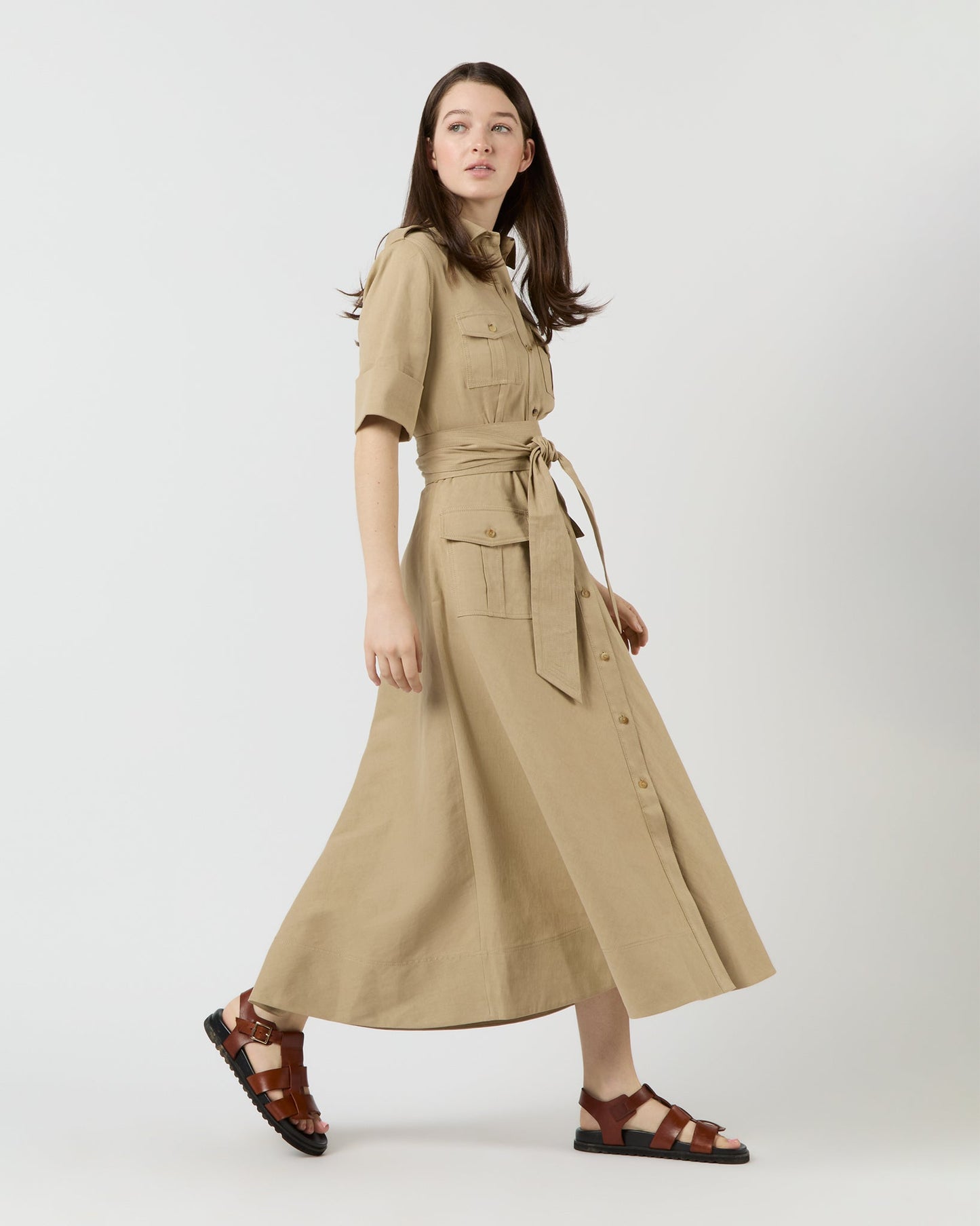 Safari Shirtwaist Dress in Khaki Stretch Cotolino