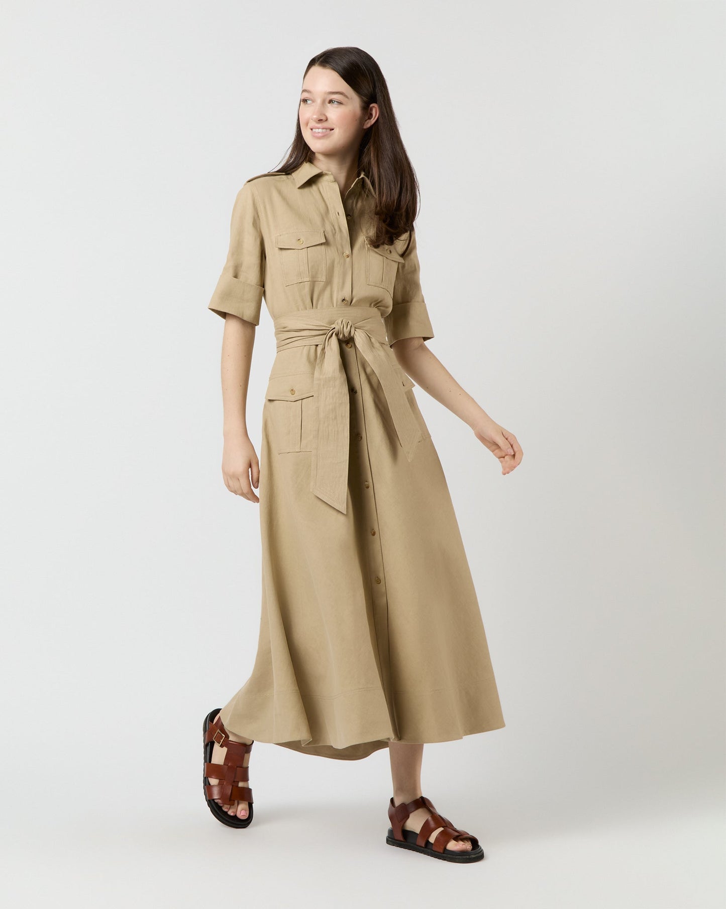 Safari Shirtwaist Dress in Khaki Stretch Cotolino