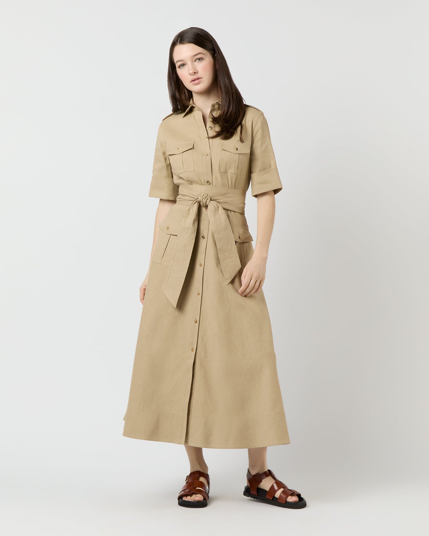 Safari Shirtwaist Dress in Khaki Stretch Cotolino