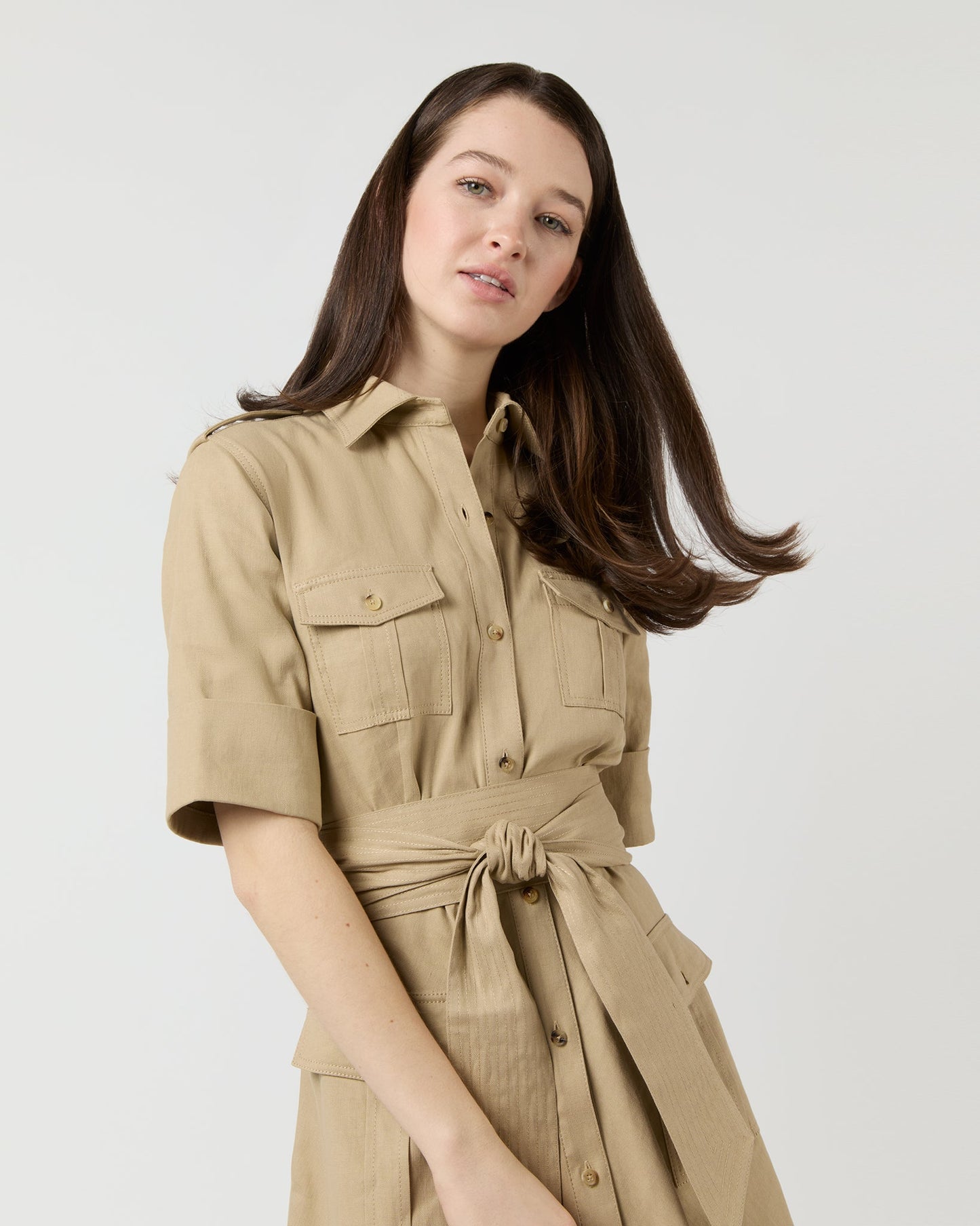 Safari Shirtwaist Dress in Khaki Stretch Cotolino