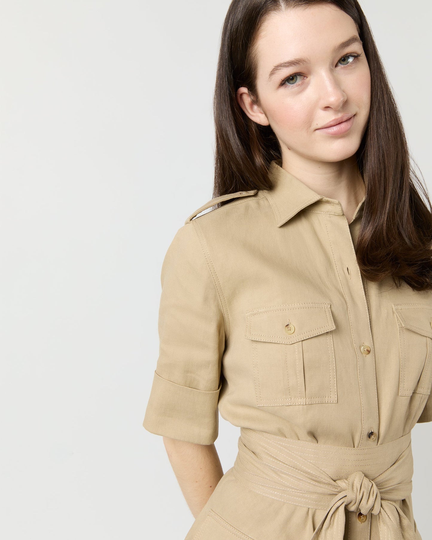 Safari Shirtwaist Dress in Khaki Stretch Cotolino