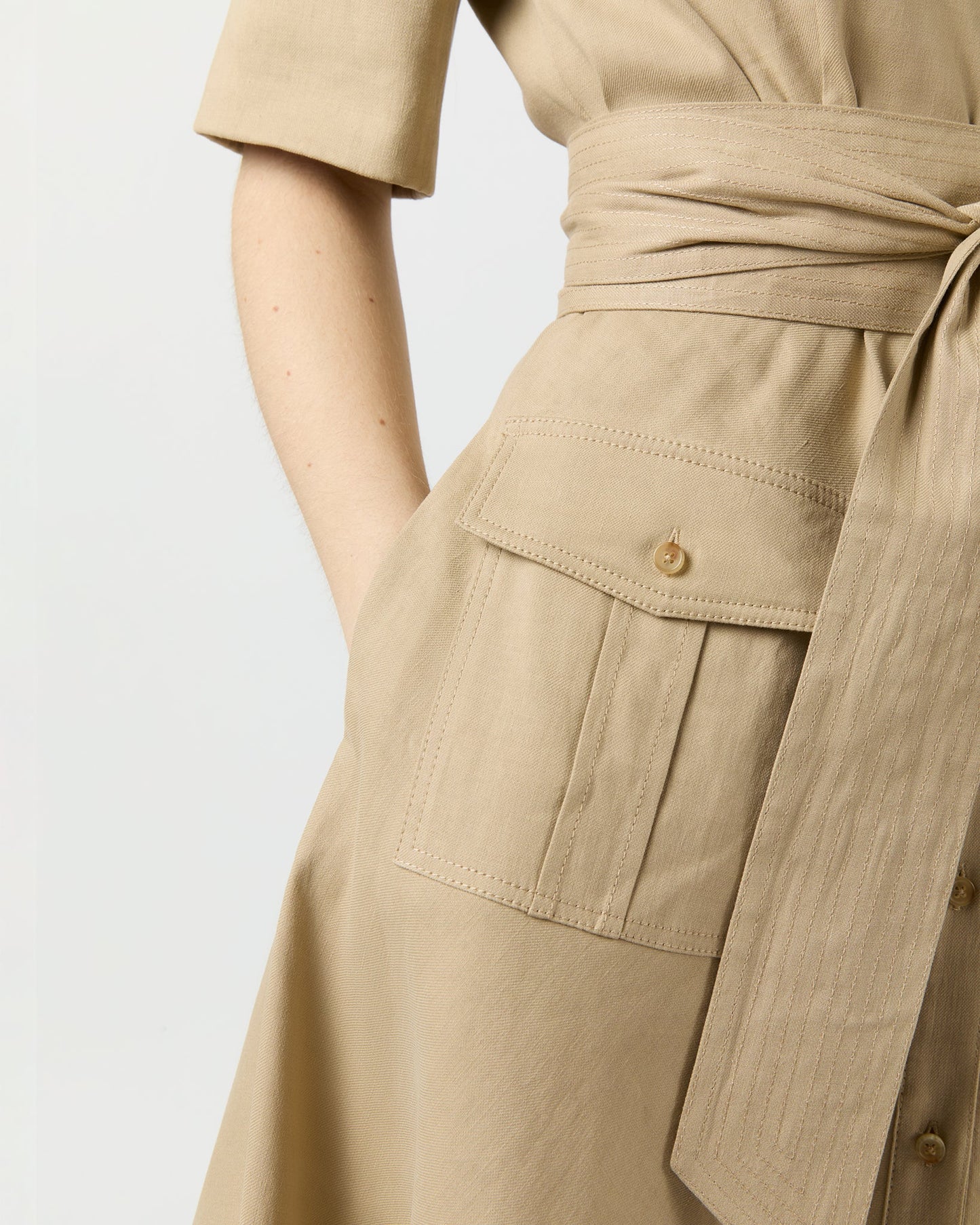 Safari Shirtwaist Dress in Khaki Stretch Cotolino