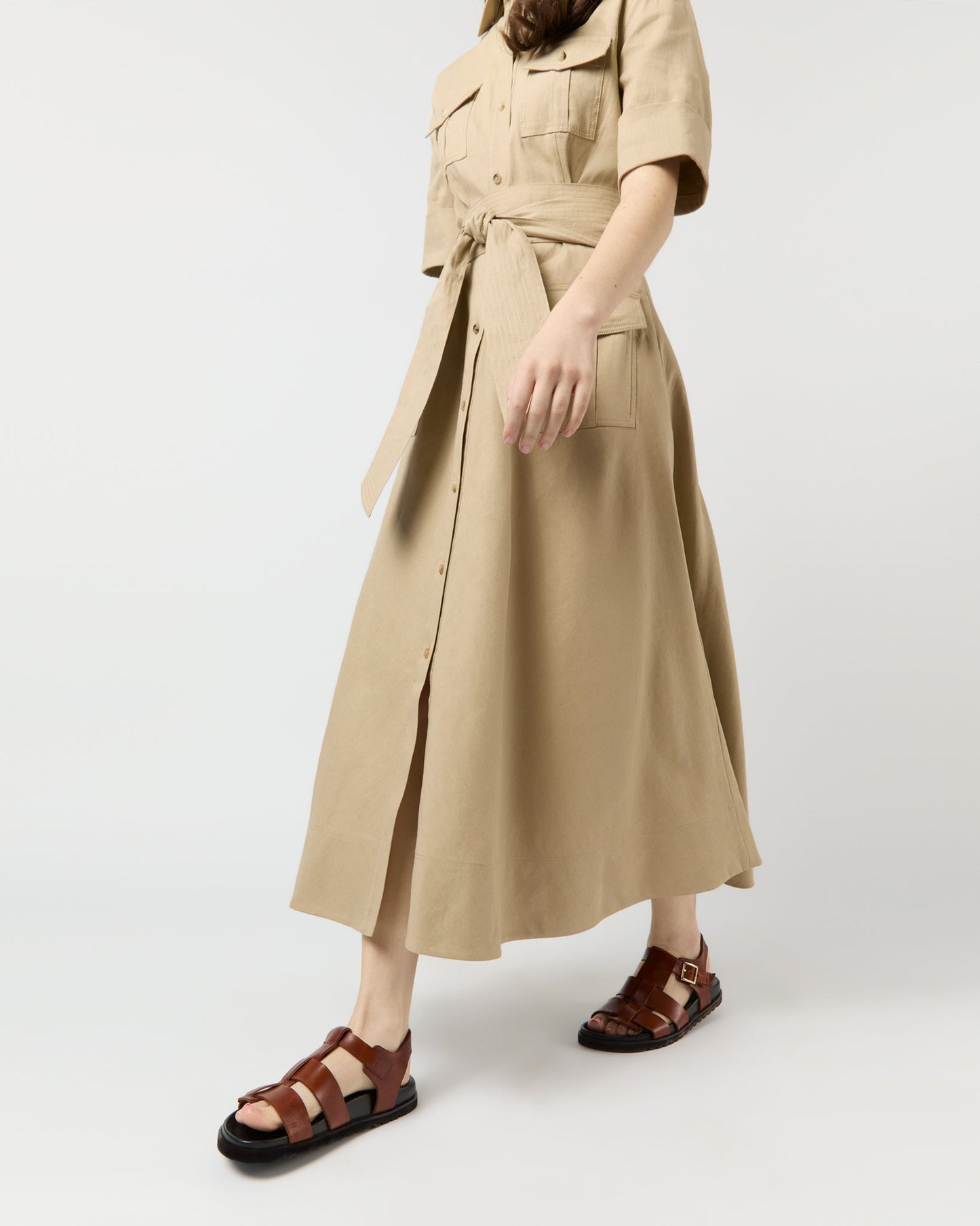 Safari Shirtwaist Dress in Khaki Stretch Cotolino