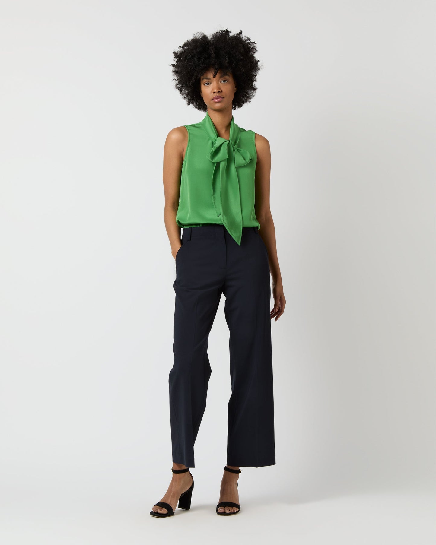 Sleeveless Tie-Neck Blouse in Avocado Silk Crepe de Chine