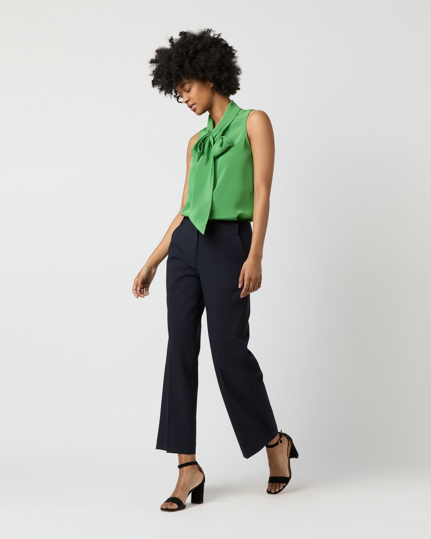 Sleeveless Tie-Neck Blouse in Avocado Silk Crepe de Chine