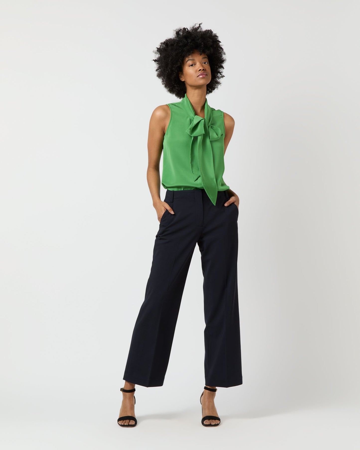 Sleeveless Tie-Neck Blouse in Avocado Silk Crepe de Chine