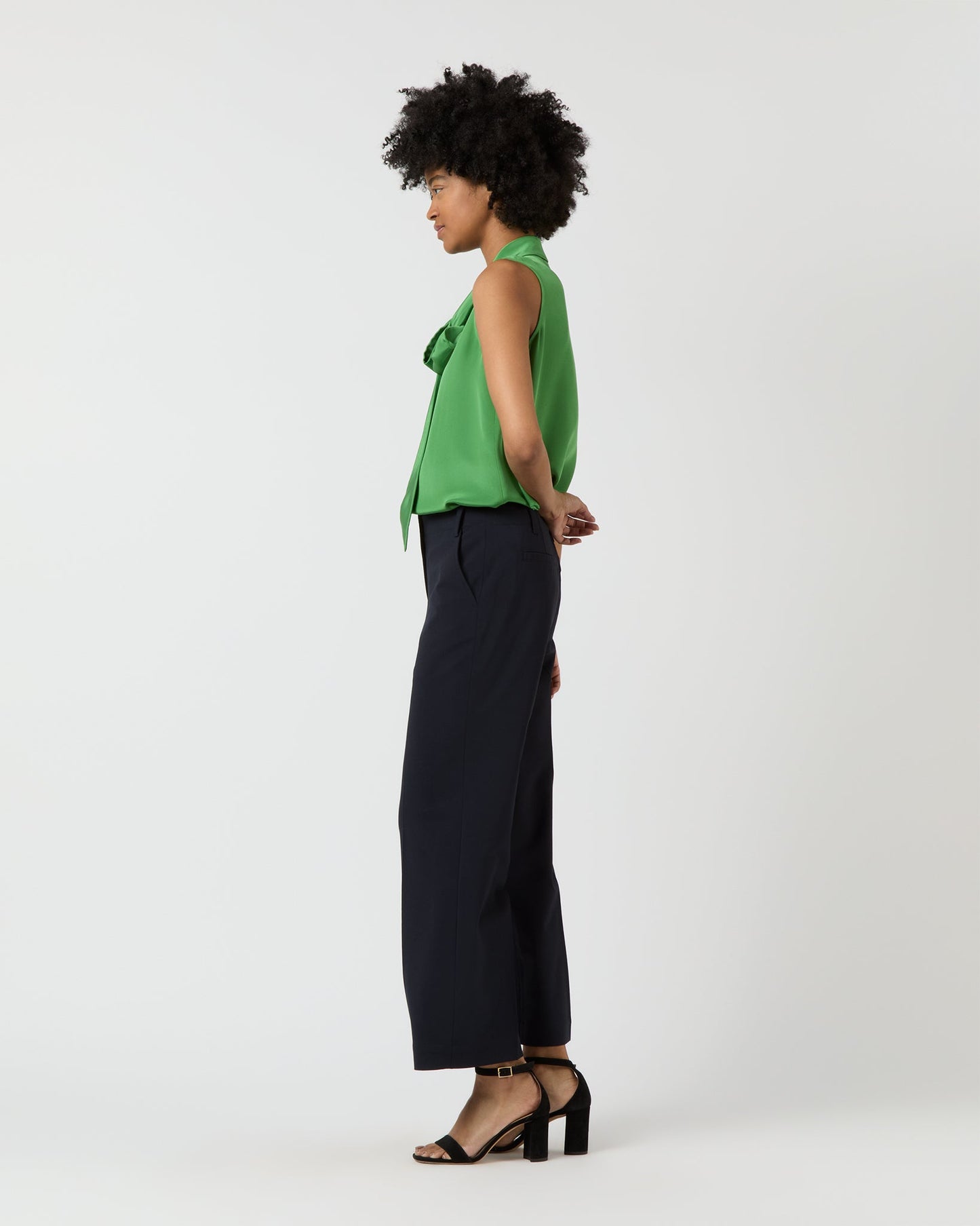 Sleeveless Tie-Neck Blouse in Avocado Silk Crepe de Chine