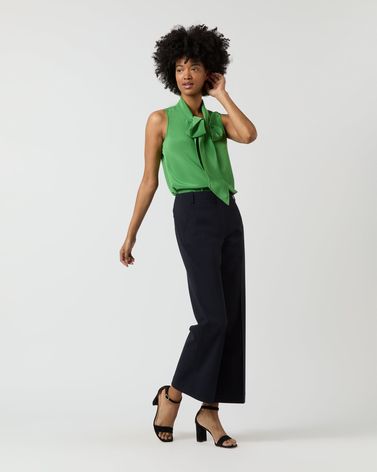 Sleeveless Tie-Neck Blouse in Avocado Silk Crepe de Chine