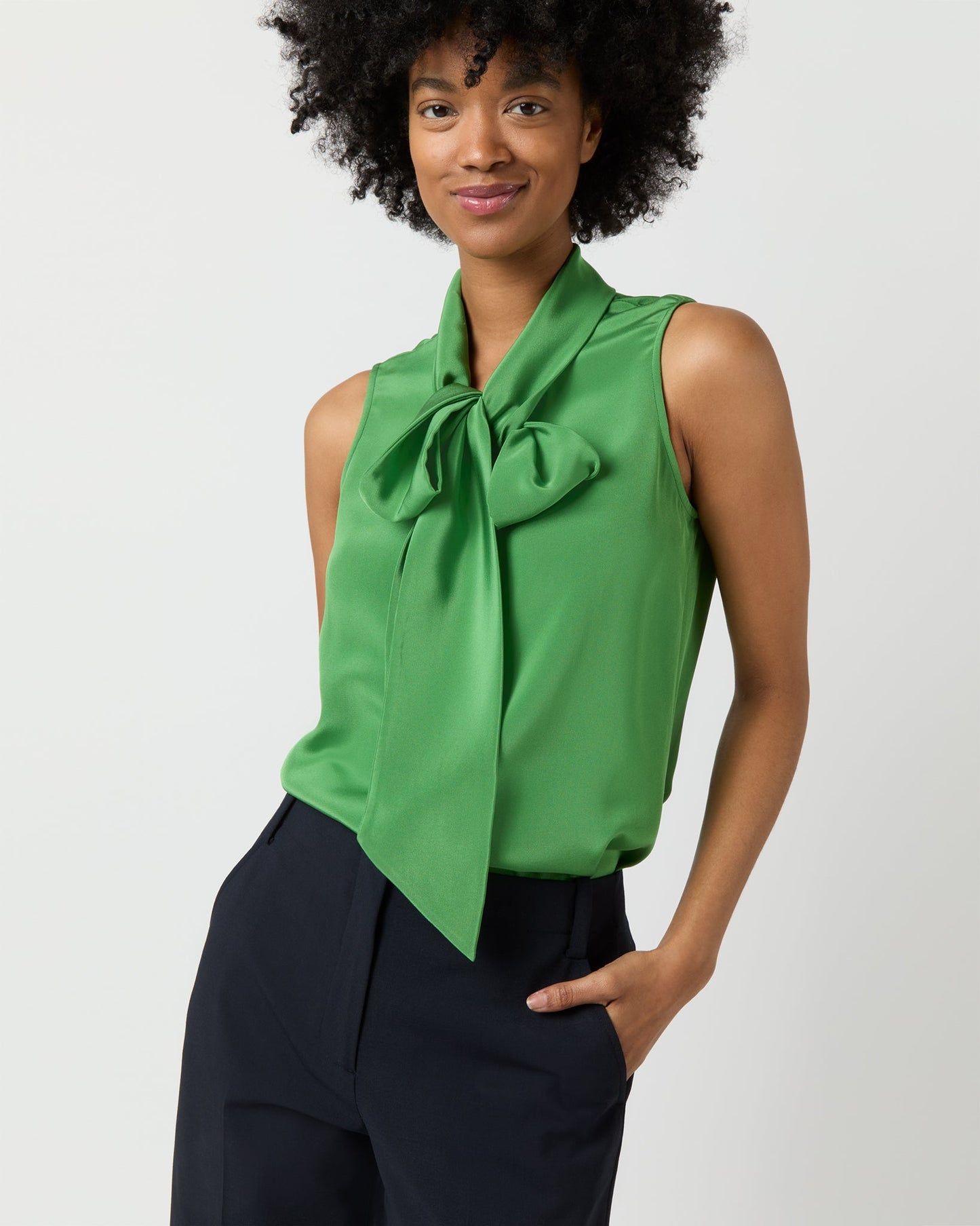 Sleeveless Tie-Neck Blouse in Avocado Silk Crepe de Chine