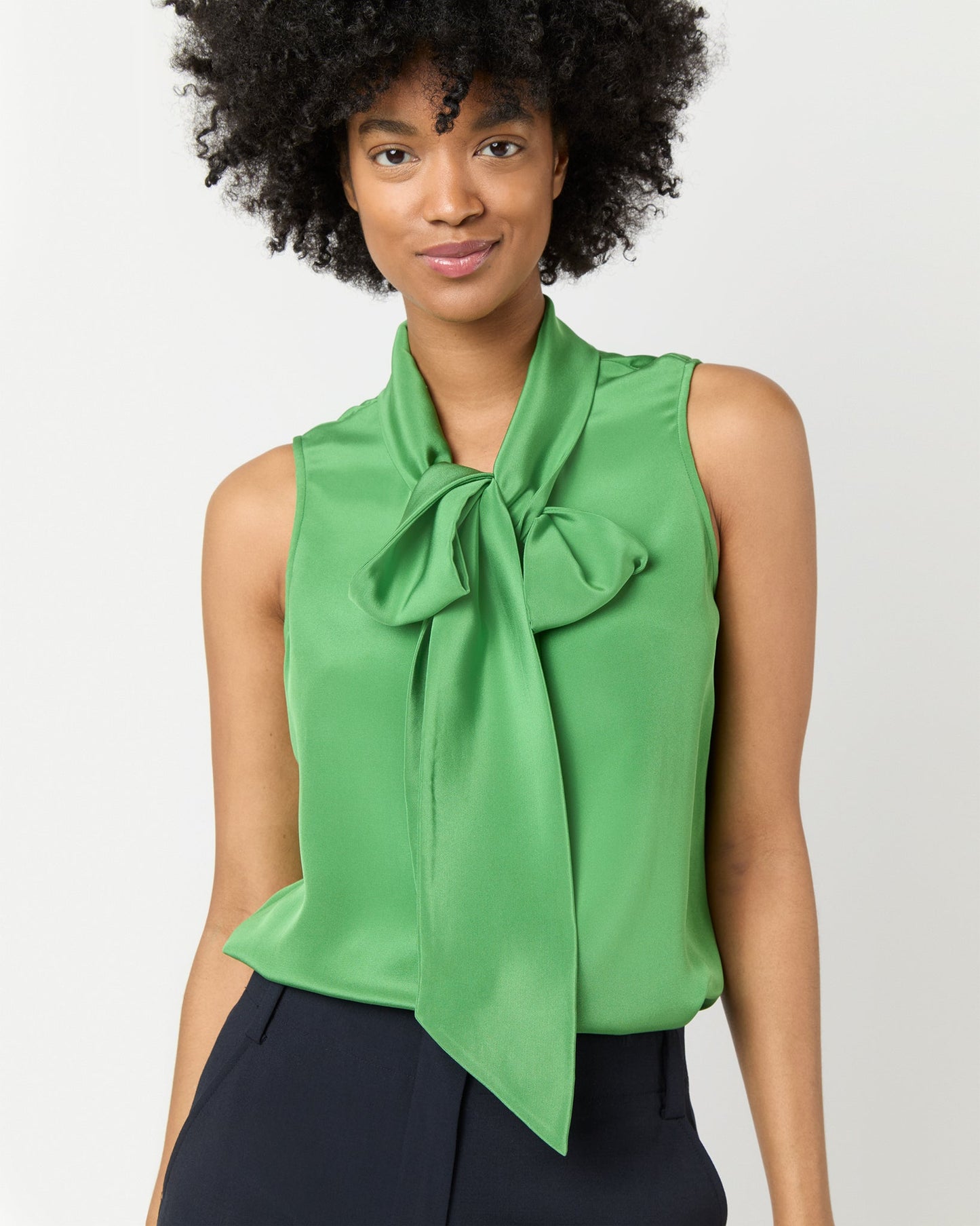 Sleeveless Tie-Neck Blouse in Avocado Silk Crepe de Chine