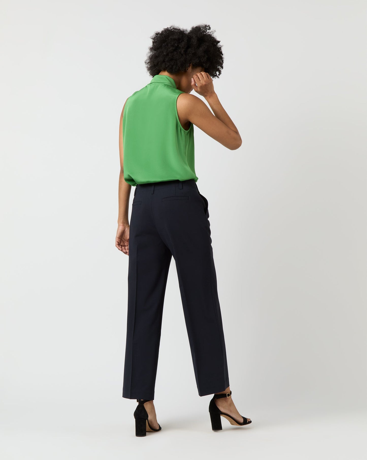 Sleeveless Tie-Neck Blouse in Avocado Silk Crepe de Chine